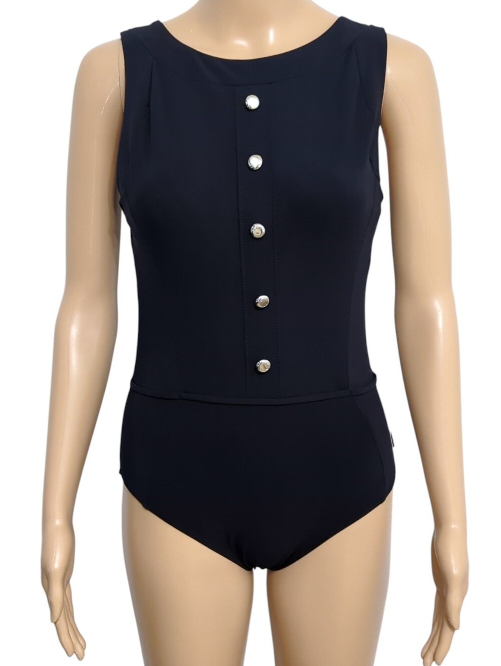 SHAN Black One Piece Swimsuit Underwire Open Back Logo Buttons Size 10 - Picture 2 of 14